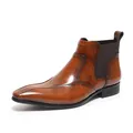Elegant brown genuine leather Chelsea boots for men featuring stylish brogue detailing - 37 / Brown Yellow