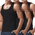 Close-up detail of men's slim-fit athletic black tank tops in a 3-piece multi-pack set. - S / Tops / 3 Pieces/Pack / Black+Army Green+Wine Red
