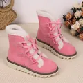 Stylish pink lace-up snow boots featuring thick white faux fur lining and flat anti-slip sole - 36 / Pink