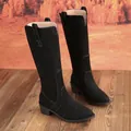 Fashionable women's black suede knee-high boots with pointed toe and square heel - 36 / Black