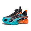 Boys lightweight athletic running shoes with rotating buckle and breathable mesh upper - 28 / Black and Orange Leather Surface