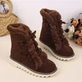 Bottes de neige brunes chaudes pour femmes avec doublure en peluche, lacets et semelle plate - Café