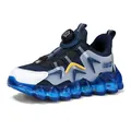 Children's blue athletic sneakers featuring a rotating buckle and wavy jelly sole - Blue Double Mesh