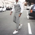 Detail of men's waffle knit hooded tracksuit with grey stripes and matching pants - Grey & White Block (Grey Pants)