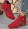 Stylish red suede ankle boots for women featuring a side zipper and low block heel - Red