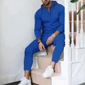 Lässiges königsblaues Waffelstrick-Set aus Kapuzenpullover und passender Jogginghose für Herren - Oberteil Und Unterteil / S / Saphirblau