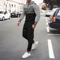Herren Waffelstrick-Trainingsanzug Set mit grau-schwarz gestreiftem Hoodie und passender Hose - S / Oberteil Und Unterteil / Schwarz & Grau Block (Schwarze Hose)