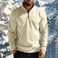 Men's quarter-zip stand collar fleece sweatshirt in solid beige color for outdoor casual wear - S / Tops / Apricot