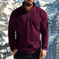 Men's quarter-zip sweatshirt in maroon with a fleece-lined stand collar for outdoor winter wear. - S / Tops / Burgundy