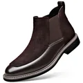 Elegant dark brown men's Chelsea boots featuring suede and leather patchwork design - Brown Single Lining