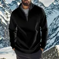 Men's casual black quarter-zip fleece sweatshirt standing in a snowy mountain landscape - S / Tops / Black