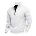Detailed view of the stand collar and metal zipper on white fleece sweatshirt. - S / Tops / White