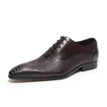 Classic men's dark brown leather dress shoes with crocodile pattern and pointed toe - Standard Shoe Size / Coffee