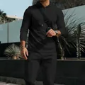 Ανδρικό σετ casual με κουκούλα και μακρύ παντελόνι σε μαύρο χρώμα με ύφανση βάφλας - Μαύρο