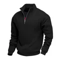 Casual black men's quarter-zip fleece sweatshirt featuring a stylish stand collar - S / Tops / Black