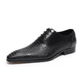 Black men's formal dress shoe featuring embossed crocodile texture and pointed toe style - Standard Shoe Size / Black
