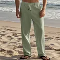Men's minimalist sage green linen straight-leg drawstring pants shown on a beach setting - S / Bottoms / Army Green