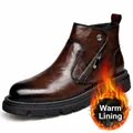 Bottines Chelsea marron pour hommes, style britannique, zip et doublure chaude - Marron Doublé de Polaire