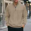 Men's heavy jacquard quarter-zip sweatshirt in khaki with cable knit texture. - S / Tops / Khaki