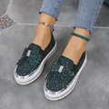 Elegant dark green sparkly sequin flat loafers for women featuring a stylish bow - 35 / Black