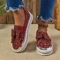 Elegant women's sparkling red sequin flat loafers featuring a stylish bow decoration - 35 / Red