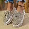 Stylish gold sequin flat shoes for women with large bow detail and white sole. - 35 / Gold