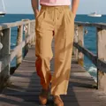 Heren zomer linnen vrijetijdsbroek in kaki met trekkoord voor vakantie aan het strand - Aardgeel