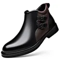 Herren Martin-Stiefel aus Leder in Schwarz-Braun mit seitlichen Doppelschnallen. - 38 / Schwarz (Ungefüttert)