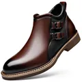 Modische braune mittelhohe Lederstiefel für Herren mit doppeltem Schnallendesign - 38 / Braun Einfaches Futter