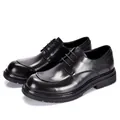 Premium men's black genuine leather Derby shoes with thick round toe and rubber sole - 38 / Black