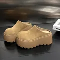 Chic camel suede platform clogs with thick jagged sole and round toe - 38 / Chestnut Single