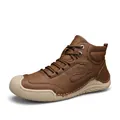 Men's hand-stitched brown leather mid-top casual work boots with textured sole - 38 / Deep Brown