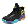 High-top kids basketball training shoes in black with purple and cyan accents, fleece-lined. - 31 / Black Purple (Plush Lining)