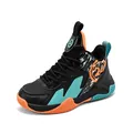 Professional black and orange kids basketball shoes with teal accents and number 24 design - Black and Orange Leather Surface