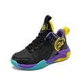 Children's non-slip basketball training sneakers in black and purple with 24 logo detail - Black Purple Leather Style