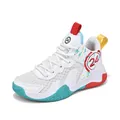 Children's non-slip basketball training shoes in white with multi-color accents - White Moon (Mesh Surface)