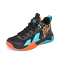 Children's high-top basketball shoes in black with vibrant orange and blue color blocks - Black & Orange Mesh