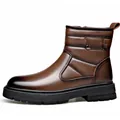 Bottes de neige d'hiver en cuir marron pour hommes avec semelle épaisse antidérapante - Marron
