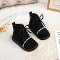 Black children's ankle boots with white lace trim and side zipper closure. - Size 22 Inner Length 14.0cm / Black