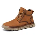Men's brown outdoor high-top lace-up boots featuring warm plush lining and handmade stitching - 38 / High-Top Outdoor Boots / Light Brown (Fleece Lined & Thickened)