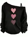 Casual black off-the-shoulder long sleeve top featuring three stylish pink heart prints - S / Tops / Pink Heart