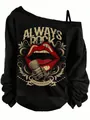 Detail view of black off-the-shoulder sweatshirt with Always Rock graphic print - Microphone