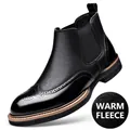 Schwarze Chelsea-Lederstiefel für Herren mit warmem Fleecefutter und Brogue-Flügelkappendetails - 38 / Fleece Gefüttert / Schwarz