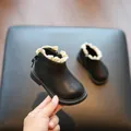 Botas de cuero negro para niñas con encaje blanco elegante y suela suave antideslizante - Talla 15 (Longitud interior 12.3cm) / Estilo Sencillo / Negro