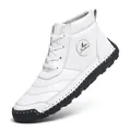 Detail of white men's high-top leather boots with black sole and hand-stitched seams - 39 / White