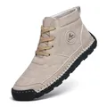 Detailed view of men's high-top khaki suede Martin boots with hand-stitched sole - Beige