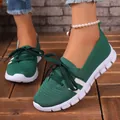 Green breathable flyknit casual women's slip-on walking sneakers with white stripes - Green