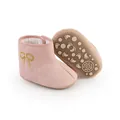 Detail view of pink quilted baby winter boots featuring gold bow and soft non-slip soles - Insole Length 11cm / Pink