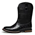 Classic men's black western cowboy boots featuring crocodile texture and detailed embroidery - Black