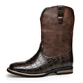 Men's vintage brown western cowboy boots featuring embossed faux crocodile leather - Dark Brown